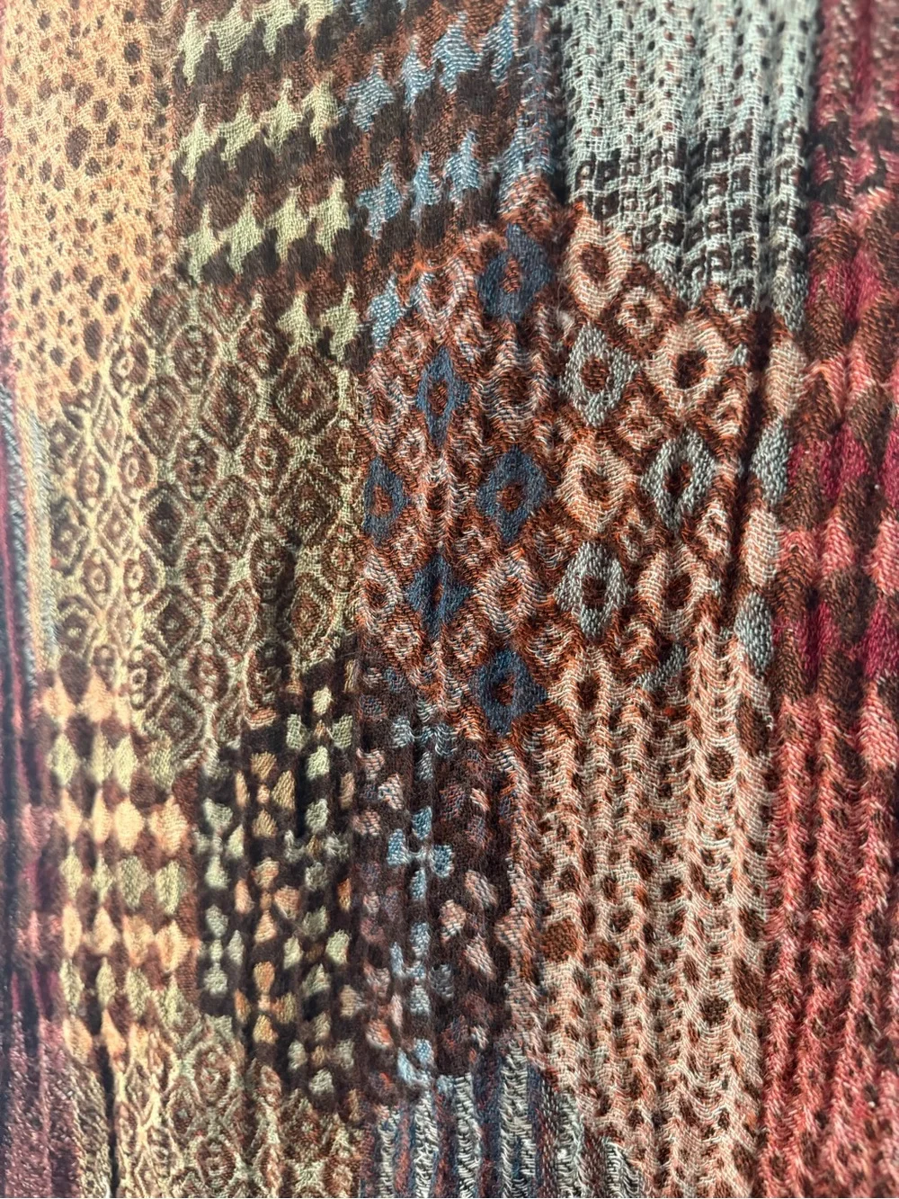 Sacred Threads Wool Viscose Patchwork Fringe Scarf Burgundy Boho
